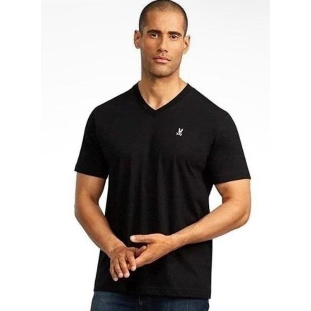 Psycho Bunny Mens Black V-Neck‎ Pima Cotton Short Sleeve Logo T-Shirt Size 6 L